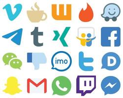 20 conjunto de iconos planos iconos de redes sociales planos wechat. pensión completa. telegrama. iconos de facebook y xing. paquete de iconos degradados vector