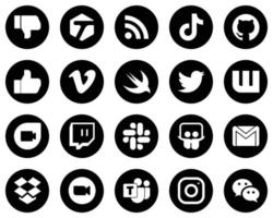 20 iconos modernos de medios sociales blancos sobre fondo negro como tweet. rápido. China. iconos de vídeo y facebook. alta definición y único vector