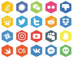 Hexagon Flat Color White Icon Set dropbox. tweet. messenger. twitter and facebook 20 Modern Icons vector