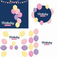 el texto de feliz cumpleaños con un globo realista y la ilustración vectorial de un globo de celebración con un fondo de bandera colorido incluye un bokeh de luz de cumpleaños de aniversario y brillo vector
