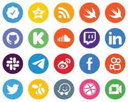 20 Simple White Icons telegram. professional. kickstarter. linkedin and music Flat Circle Backgrounds vector