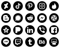 20 elegantes íconos de medios sociales blancos sobre fondo negro como messenger. meta. iconos de mensajero y blog. alta definición y versátil vector