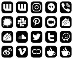 20 elegantes iconos blancos de redes sociales sobre fondo negro, como la bandeja de entrada. reunión. señal. iconos de video y pinterest. creativo y llamativo vector