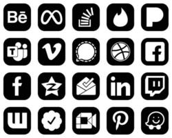 20 Fully Editable White Social Media Icons on Black Background such as facebook. pandora. mesenger and video icons. High-resolution and editable vector