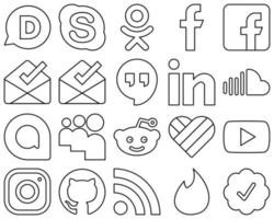 20 High-Quality Black Outline Social Media Icons such as likee. myspace. google hangouts. google allo and sound icons. Fully editable and unique vector