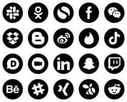 20 elegantes íconos blancos de redes sociales sobre fondo negro como douyin. Tinder. iconos de dropbox y sina. llamativo y editable vector