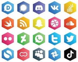 25 Fresh White Icons such as dribbble. feed. vk. rss and overflow icons. Hexagon Flat Color Backgrounds vector