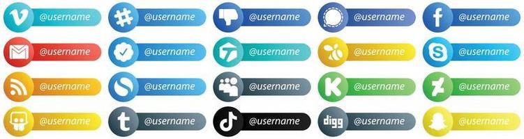 Follow me Social Network Platform Icons with Place for Username 20 pack such as skype. tagged. facebook. twitter verified badge and email icons. High resolution and editable vector