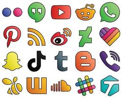 20 Unique icons tiktok. likee. rss. deviantart and china Filled Line Style Social Media Icon Set vector