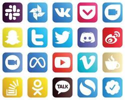 20 High Resolution Social Media Icons such as video. discord. china and weibo icons. High quality and creative vector