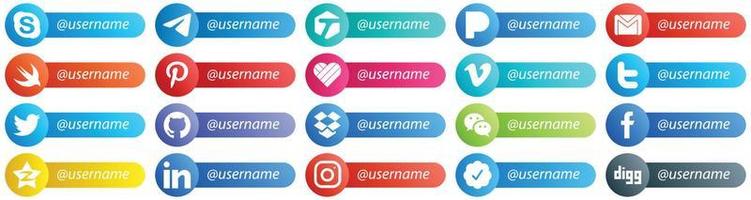 20 Social Media Platform Card Style Follow Me Icons such as github. twitter. email. video and likee icons. Minimalist and professional vector