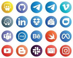 20 íconos modernos de redes sociales como video. en mi opinión Iconos de Linkedin y Google Duo. llamativo y editable vector