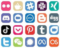 20 íconos populares de redes sociales como audio. discordia. iconos de reunión y zoom. colección de iconos degradados vector