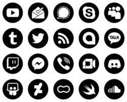 20 elegantes íconos de medios sociales blancos sobre fondo negro como messenger. charla kakao. mi espacio. Iconos de google allo y rss. moderno y de alta calidad vector