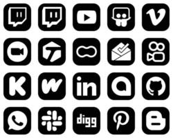 20 iconos profesionales de medios sociales blancos sobre fondo negro, como la financiación. kuaishou. reunión. iconos de bandeja de entrada y madres. de alta resolución y totalmente personalizable vector