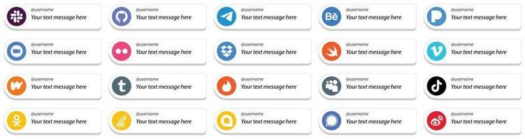 20 Follow Me Social Media Icons with Customizable Message such as wattpad. vimeo. video. swift and yahoo icons. Minimalist and professional vector