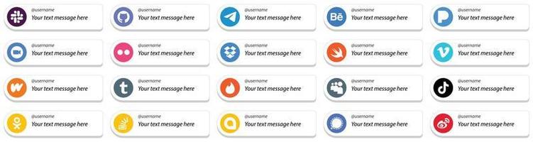 20 íconos de redes sociales sígueme con mensajes personalizables como wattpad. vimeo video. iconos rápidos y yahoo. minimalista y profesional vector