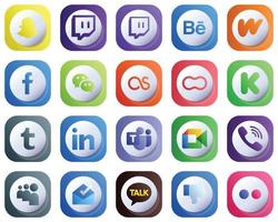 20 Cute 3D Gradient Social Media Icons for Popular Brands such as linkedin. funding. wechat. kickstarter and mothers icons. High-Quality and Elegant vector