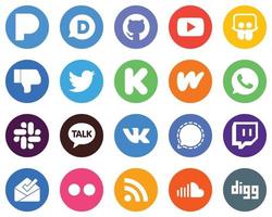 20 iconos blancos únicos vk. flojo. gorjeo. fondos de círculo plano de whatsapp y wattpad vector