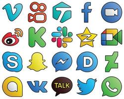 20 iconos modernos de redes sociales flojos. pedal de arranque. colección de iconos de estilo de línea llena de video y sina vector