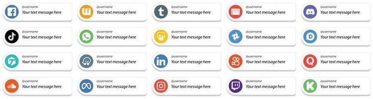 20 estilo de tarjeta elegante sígueme íconos de redes sociales con opción de mensaje personalizado como whatsapp. China. discordia. íconos de video y tiktok. profesional y limpio vector