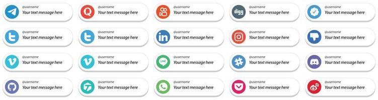 Follow Me Social Media Icons with Custom Message Option 20 pack such as vimeo. dislike. twitter and instagram icons. Fully editable and professional vector