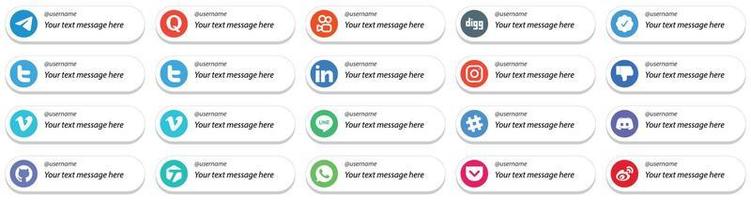 sígueme íconos de redes sociales con la opción de mensaje personalizado 20 paquetes como vimeo. disgusto. iconos de twitter e instagram. totalmente editable y profesional vector