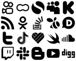 20 conjunto de iconos de medios sociales sólidos negros modernos, como twitter. enjambre. rss. iconos de desbordamiento y pregunta. personalizable y único vector