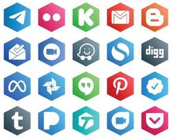 25 Clean White Icons such as waze. meeting. email. video and inbox icons. Hexagon Flat Color Backgrounds vector