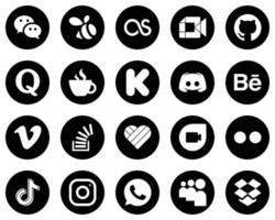 20 iconos de medios sociales blancos de alta resolución sobre fondo negro, como texto. discordia. iconos de quora y financiación. limpio y profesional vector