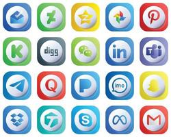 Cute 3D Gradient Icons for Major Social Media 20 pack such as messenger. funding. microsoft team and linkedin icons. Modern and High-Resolution vector