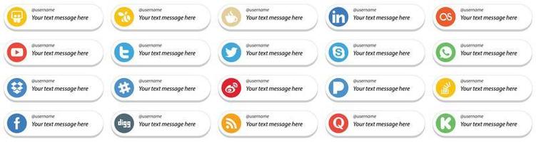 Card Style Follow Me Icons with Customizable Message for Top Social Media 20 pack such as weibo. dropbox. youtube. whatsapp and skype icons. Clean and professional vector