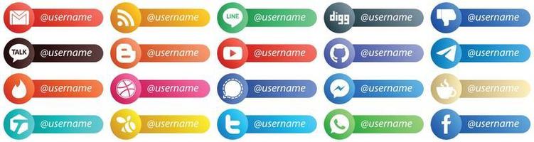 Follow me Social Network Platform Card Style Icon Set 20 icons such as telegram. facebook. github and youtube icons. High resolution and editable vector