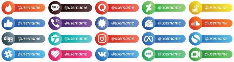 Social Media Platform Card Style Follow Me Icons 20 pack such as inbox. mesenger. overflow. signal and rakuten icons. High definition and unique vector