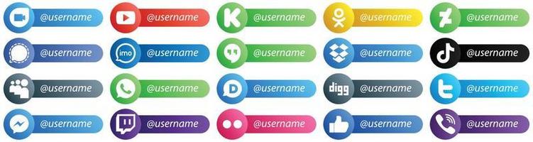 20 Card Style Icons for Popular Social Networks with Username such as douyin. dropbox. mesenger. google hangouts and video icons. Fully customizable and professional vector