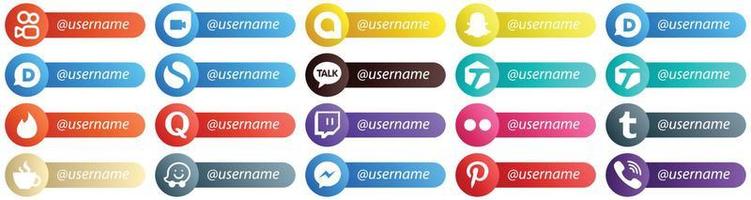 20 Follow Me Social Media Platform Card Style Icons such as caffeine. tinder. tumblr and flickr icons. Minimalist and professional vector