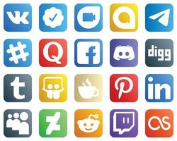 20 íconos esenciales de las redes sociales como digg. texto. quora e iconos de mensajes. completamente editable y único vector