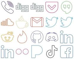 20 Fully Editable Colourful Outline Social Media Icons such as reddit. twitter. music. mail and gmail Unique and high-resolution vector