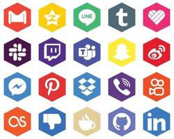 20 iconos blancos frescos sina. fondos de color plano hexagonal likee y weibo vector