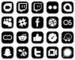 20 High-Quality White Social Media Icons on Black Background such as facebook. reddit. fb. women and peanut icons. Fully editable and unique vector