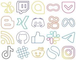 20 Stylish and elegant Colourful Outline Social Media Icons such as rss. meta. blog. kuaishou and text Creative and professional vector