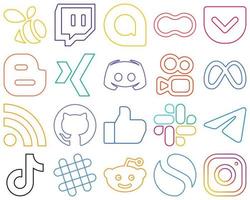 20 Stylish and elegant Colourful Outline Social Media Icons such as rss. meta. blog. kuaishou and text Creative and professional vector