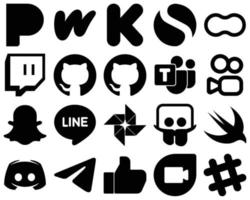 20 Modern Black Solid Glyph Icons such as slideshare. line. women and snapchat icons. High-definition and unique vector