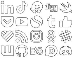 20 Modern Black Outline Social Media Icon Set such as likee. like. digg. tumblr and video icons. Customizable and unique vector