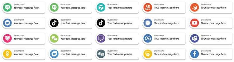 estilo de tarjeta sígueme conjunto de iconos de plataforma de redes sociales con opción de mensaje personalizado 20 iconos como youtube. mensajero iconos de señal y china. alta resolución y editable vector