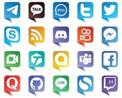 20 iconos de estilo de burbuja de chat para las principales plataformas de redes sociales, como mensajes. gorjeo. iconos de discordia y rss. totalmente personalizable y profesional vector