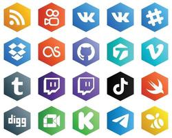 25 White Hexagon Flat Color Icons such as video. tagged. douyin and twitch icons. Business and Marketing vector