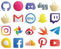 20 Gradient Social Media Icons for Popular Brands such as snapchat. video. streaming. audio and mail icons. Eye catching and editable vector