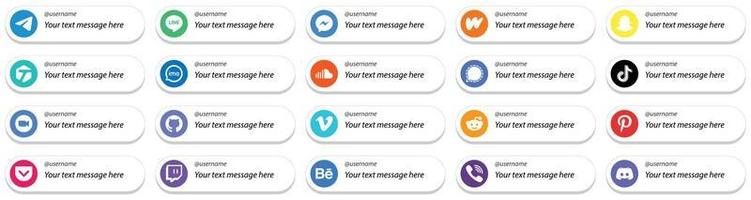 estilo de tarjeta sígueme conjunto de iconos de plataforma de redes sociales con opción de mensaje personalizado 20 iconos como música. nube de sonido iconos de literatura y audio. alta resolución y editable vector