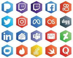 25 Fresh White Icons such as inbox. linkedin. instagram. digg and facebook icons. Hexagon Flat Color Backgrounds vector